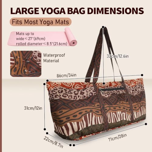 Yoga Mat Bag Yoga Tote Bag with Large Waterproof Zipper Pocket and Drawstring Pocket Yoga Mat Bag Carrier Fit Most Size Mats and All You Stuff - color: brown
