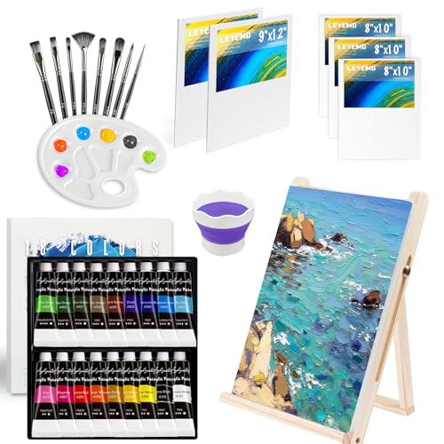 LEYEMO 34 PCS Acrylic Art Paint Set for Kids & Adults | Art Painting Supplies Kit with 18 Acrylic Paints, 8 Brushes, 5 Paint Canvas, Easel & Palette for Beginner Artists
