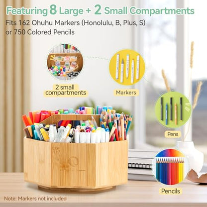 Ohuhu 360° Rotating Marker Organizer Holds 162 Honolulu & B Oahu Markers | 360-Degree Rotating Bamboo Desktop Storage Markers Pens Pencil Holder with 10 Compartments for Home Classroom Office Decor