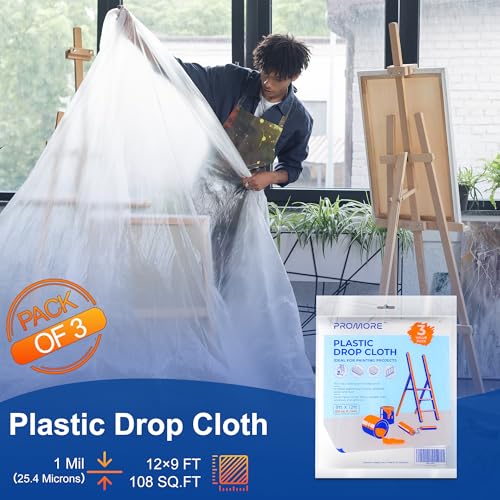 3PK Plastic Drop Cloth,1Mil Thick, 9x12 Ft,Thickened Painter's Sheeting | Tear-Proof, Waterproof, For Painting, Furniture, Walls, and Floor Protection - size: 1mil-3Pack