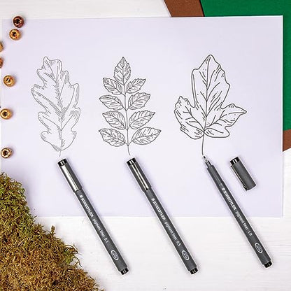 STAEDTLER 308 Pigment Liner Fineliner Pen - Ideal for Writing, Sketching, Technical Drawing, Marking Out - Black Ink - In Envelope Gift Packaging - 0.7mm Medium Nib Size - Pack of 3