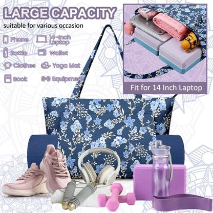 Yoga Bag for Women, Large Canvas Yoga Mat Tote Bag with Yoga Mat Carrier | Large Mat Pocket Fitness Tote for Pilates, Gym, Travel, Office & Beach - color: Blue Flower