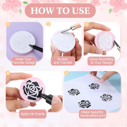 18 Pcs Rubber Stamp Carving Blocks Linoleum Blocks 4"x6" and 2"x2" Round Square Rectangle Block Carving Kit for Stamp Crafts DIY Project (Pink and White) - color: Pink and White