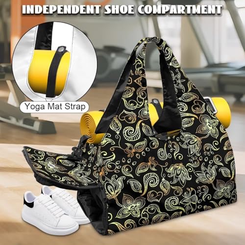Yoga Gym Bag with Removable Adjustable Shoulder Strap, Shoe Compartment & Top Yoga Mat Holder 17.72x8.66x9.84in - color: Gold Paisley Flower Print