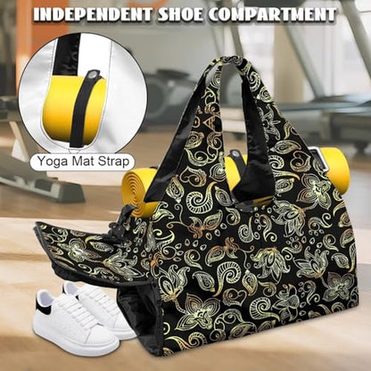 Yoga Gym Bag with Removable Adjustable Shoulder Strap, Shoe Compartment & Top Yoga Mat Holder 17.72x8.66x9.84in - color: Gold Paisley Flower Print
