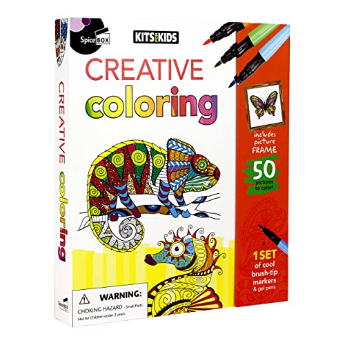 Kits For Kids: Creative Coloring - 50 Coloring Pages, 8 Bursh Tip Markers & 6 Gel Ink Pens, Included Frame, Coloring Activity Art Set, Kids Ages 8+