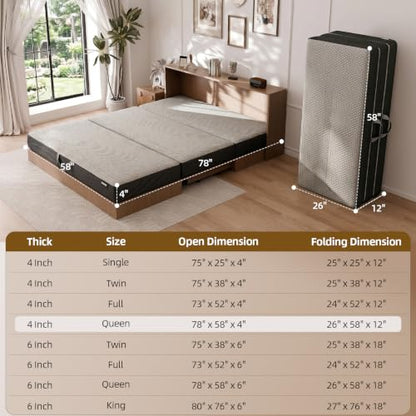 ROXGOX Memory Foam Trifold Mattress, 4 Inch Queen Foldable Mattress, Portable Floor Bed with Washable Cover, Handle & Non-Slip Bottom, for RV, Travel, Camping, Yoga, 78"x58"x4", Grey - size: Queen, style: 4 Inch-Grey