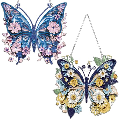 Muzagroo Art 5D Diamond Art Kits for Adults, Butterflies Diamond Hanging Ornament Kits for Windows, DIY Special Shaped Diamond Dot Kits, Crystal Window Hanging Pendant Ornament 2PCS(Butterflies) - color: Butterflies