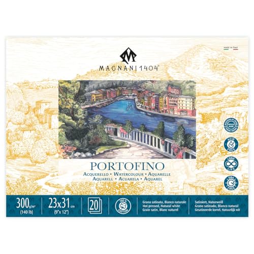 Magnani 1404 Portofino Hot Press 100% Cotton Watercolor Paper Block, 20 Sheets, 9x12, 140 lb, Acid-Free, UV Resistant, Vegan Sized Water Color Paper for Artists, Made in Italy - size: 9x12" Block