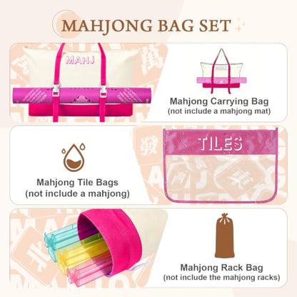 Mahjong Bag Storage Carrying Case for Tiles with Shoulder Strap (Rose Red) | 3-Bag System, External Mat Strap, Large Capacity, Lightweight Canvas, Reinforced Stitching, Fast Packing. - color: Rose Red