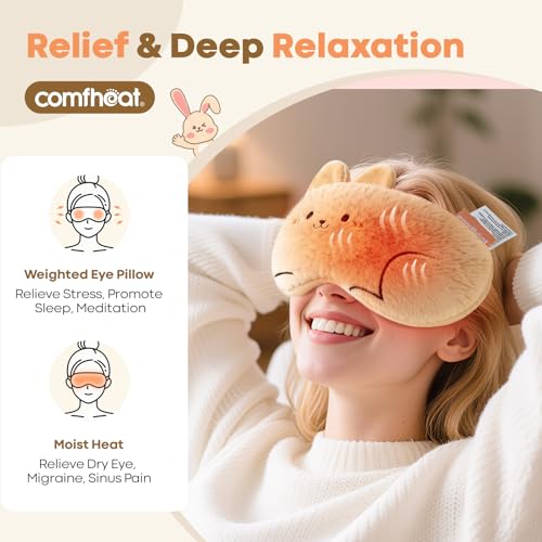 Lavender Eye Pillow for Relaxation, Yoga, Meditation | Microwavable Moist Heat Eye Compress Mask Pillow with Washable Plush Cover for Spa, Sleeping, Migraine Relief, Cute Rabbit - color: Khaki Rabbit (Lavender Scent)