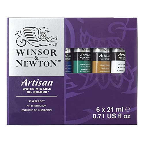 Winsor & Newton Artisan Water Mixable Oil Paint, Starter Set, 6 x 21ml | Clean with water; no solvents needed. Color depth, lightfastness, opacity/transparency are the same as traditional oils. - style: Starter Set 6 x 0.71-oz
