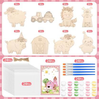 Saypacck 24 Pcs Party Favors Wooden Painting Craft Kits Birthday Party Supplies with Organza Bag for Goodie Bags Fillers Adult Thank You Gifts(Pink Farm) - style: Pink Farm