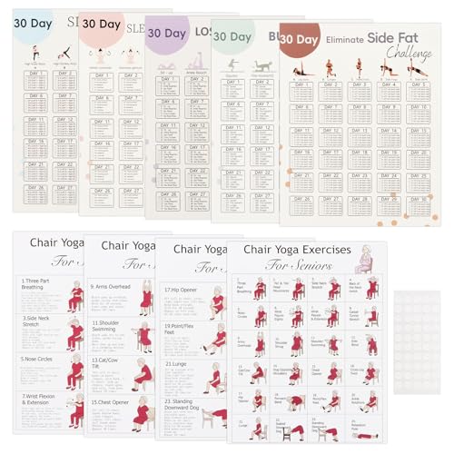Chair Yoga Poster for Seniors & Beginners – Set of 4 Illustrated Guides & 5 30-Day Challenges Workout Plans, Exercise Charts for Mobility, Balance, Flexibility, Stretching Home Fitness