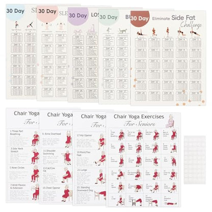 Chair Yoga Poster for Seniors & Beginners – Set of 4 Illustrated Guides & 5 30-Day Challenges Workout Plans, Exercise Charts for Mobility, Balance, Flexibility, Stretching Home Fitness