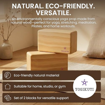 Yogikuti Solid Wooden Yoga Blocks Set of 2 | Premium Pine Wood Iyengar Yoga Blocks | Solid, Durable & Smooth Rounded Edges | Wooden Yoga Props for Stretching, Balance, Alignment & Home Studio Practice