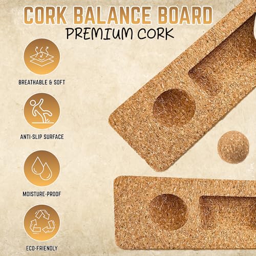 Cork Balance Board 4-in-1 Foot & Ankle Strengthener Kit with Toe Resistance Bands, Massage Ball & Balance Roller, Natural Cork Trainer for Foot Exercise, Mobility, Physical Therapy & Sports Training [Small Family Business]