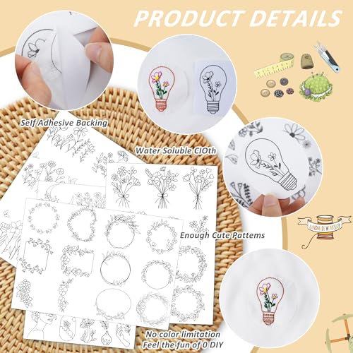 Stick & Stitch Embroidery Transfer Paper - Embroidery Paper Wash Away, 4 Sheet Water Soluble Stabilizer for Embroidery, Flower Frame Butterfly Mushroom Moon Arrow Flower, Hand Sewing Crafts - style: boho 1306