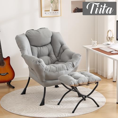 Tiita Lazy Chair with Ottoman, Comfy Reading Accent Chair, Light Grey - color: Peach Skin Light Grey