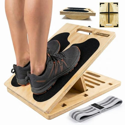 3-in-1 Adjustable Slant Board & 180°/360° Balance Board - Wooden Calf Stretcher and Squat Wedge - 5 Angle Incline Board for Stretching Equipment & Exercise - Includes Resistance Band - (400LBS)