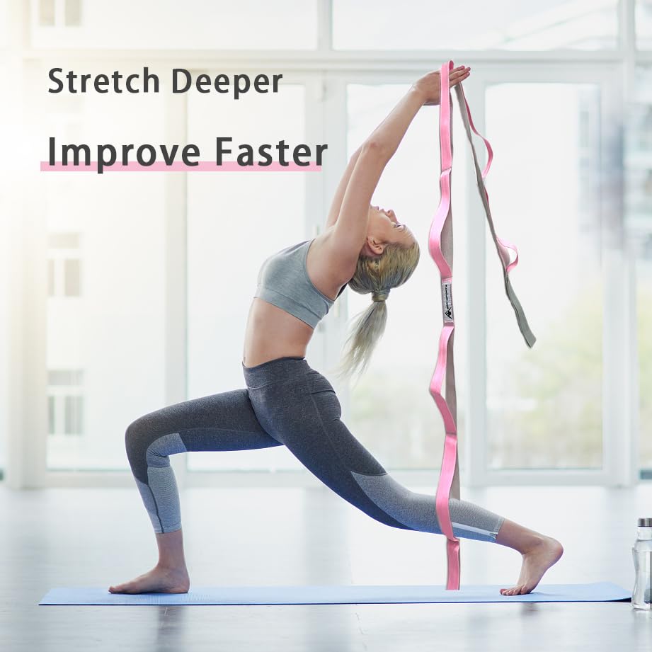 Stretching Strap Yoga Strap with Loops for Physical Therapy, Non-Elastic - color: Blue/Light Blue+Pink/Light Gray