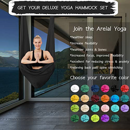 5.5 Yards Aerial Silks Yoga Swing Set - Aerial Yoga Hammock Kit Anti-Gravity Flying for Fitness, Low/Non Stretch Nylon Tricot Fabric Hardware Included for Dance - color: BLACK