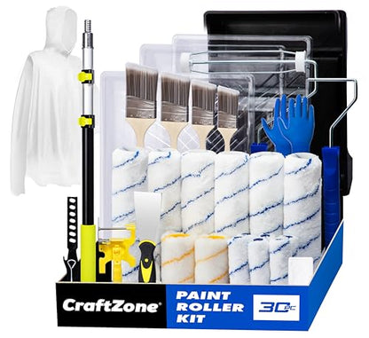 30PCS Paint Roller Kit with Extension Pole-2 to 4 FT,Wall Painting Supplies with Paint Edger Roller Brush 12",House Painting Set with Rainsuit & Drop Cloth for Home|Office|Shop Professional Painting