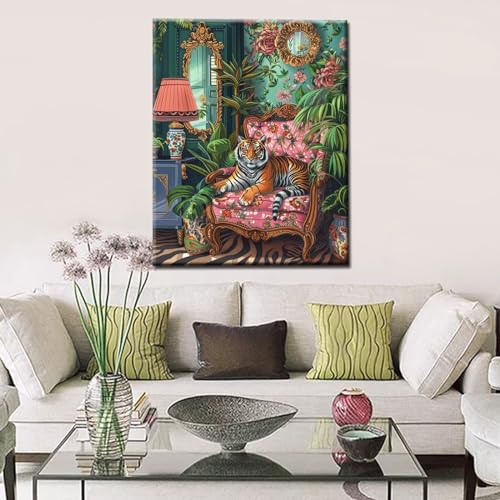 Tucocoo Jungle Wild Tiger Paint by Number Botanical and Animal Paint by Numbers Kits Beginner,Green Leaves and Floral Painting Canvas Unique Gift Art Crafts for Home Decor 16x20 Inch (DIY Framed) - color: Artwork-07, size: 16x20 Inches(DIY Frame)