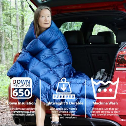 Horizon Hound Down Camping Blanket 650 Fill Power - Ultralight Backpacking Quilt (1lb 6oz) Warm & Water-Resistant 20D Nylon Shell for Outdoors, Camping, Hiking, Travel, & Stadium - Packable - color: Midnight Blue