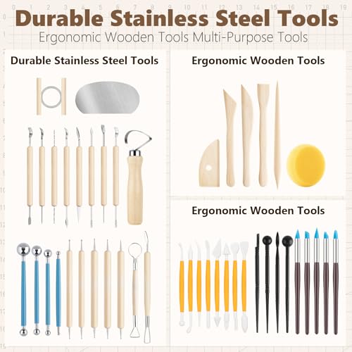UUSYCUN 48PCS Pottery Tools for Sculpting, Clay Tool Kit for Carving, Modeling Ceramics, Pottery Kiln, Polymer Clay Tools for Trimming, Beginners, Pros, Adults, Supplies - color: Wood-48PCS