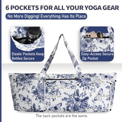 Yoga Mat Bag Yoga Tote Bag with Large Waterproof Zipper Pocket and Drawstring Pocket Yoga Mat Bag Carrier Fit Most Size Mats and All You Stuff - color: white blue