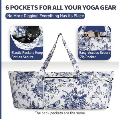 Yoga Mat Bag Yoga Tote Bag with Large Waterproof Zipper Pocket and Drawstring Pocket Yoga Mat Bag Carrier Fit Most Size Mats and All You Stuff - color: white blue