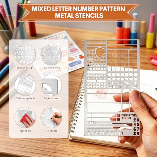 3 PCS Metal Journal Stencils Planner Stencil for Bullet Journal Stencils,Bookmark, Planning, Lines, Habit Tracker, Templates, Tiny Letters, Small Number - size: 3PCS Journal Stencils