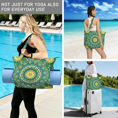 Mandala Yoga Mat Bag Large Yoga Bags and Carrier Fits All Your Stuff Yoga Tote Bags with Zipper Pocket Pilates Bag - color: Green