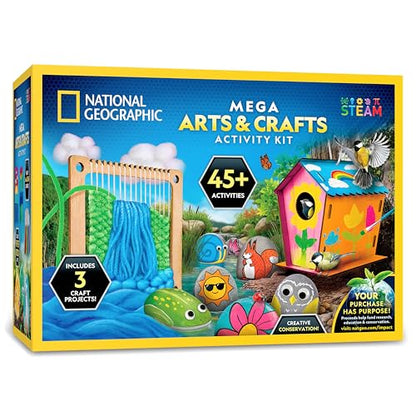 National Geographic Mega Arts and Crafts Activity Kit for Kids Ages 8-12 | Rock Painting, Weaving Loom for Kids & Birdhouse Craft, 3 Creative Projects, 25 Bonus Activities, Art Supplies, Birthday Gift - style: Mega Craft Kit