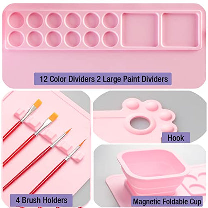 Silicone Painting Mat,Painting Stations Kit [1x Apron,1 Pair Oversleeve,20 Pieces Brushes] Craft Silicone Mats 21"X17" with Detachable Cup for Kids Gift,Paint, Clay, DIY Projects - color: Pink