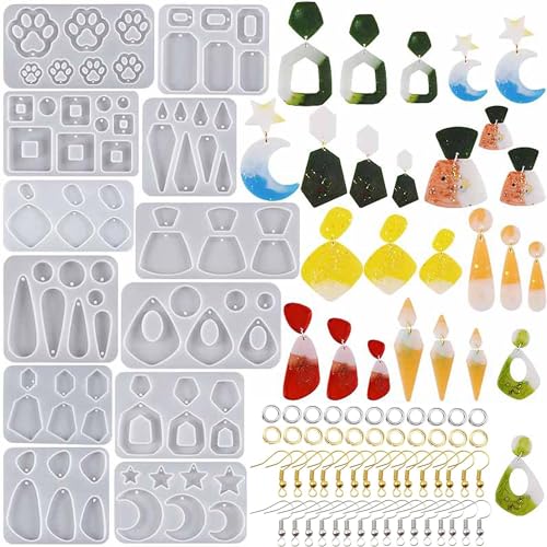 Attuslla 12 PCS Resin Earring Molds Silicone Jewelry Earring Molds Epoxy Resin Molds DIY Craft with Ear Hooks, Jump Rings for DIY Women Earrings, Pendants, Rings, Jewelry Craft Supplies - color: Style F