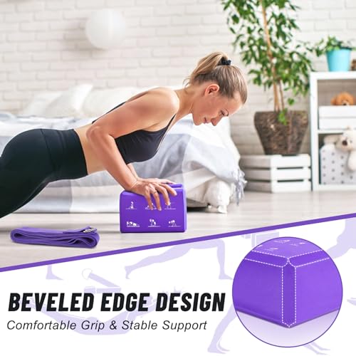 RETON 2 Pack Yoga Blocks and 2 Yoga Straps Set, Soft Non-Slip Yoga Block for Pilates, High Density EVA Foam Yoga Brick with Yoga Strap for General Fitness, Stretching, Improve Strength and Flexibility - color: Purple