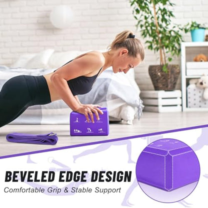 RETON 2 Pack Yoga Blocks and 2 Yoga Straps Set, Soft Non-Slip Yoga Block for Pilates, High Density EVA Foam Yoga Brick with Yoga Strap for General Fitness, Stretching, Improve Strength and Flexibility - color: Purple