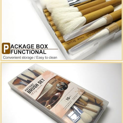 Pottery Brush Set, 15PCS Ceramic Glaze Brushes with Hake Brushes & Storage | Professional pottery tools with hake glazing brushes, liner, fan and mop brushes for glaze, underglaze, ceramics and clay