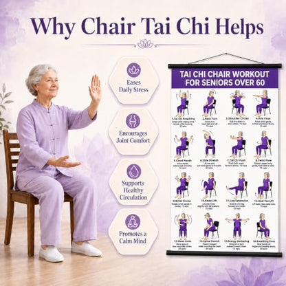 Tvisenva Tai Chi Chair Workout Chart for Seniors - Chair Tai Chi Exercise Poster for Beginners - 16 Seated Tai Chi Movements for Balance, Flexibility, Mobility and Relaxation - 16 x 24 Inch Wall Art