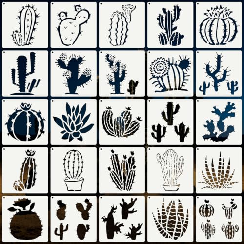 Cactus Stencils for Crafts Reusable 25Pcs Stencils(5.9X5.9 Inch) | DIY Art Painting Stencil Furniture Decor Kit for Wood Embroidery Wall Silk Screen Journaling - color: Cactus