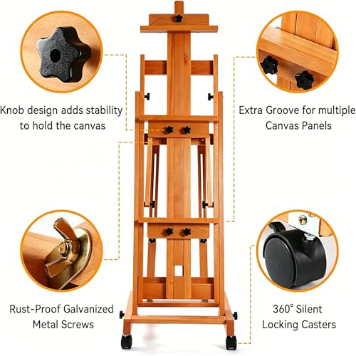 PHOENIX Versatile Studio H-Frame Easel - Solid Beech Wood with Locking Casters, Adjustable Angle & Height, Heavy Duty Canvas Holder with Storage Tray for Professional Artists - Light Walnut