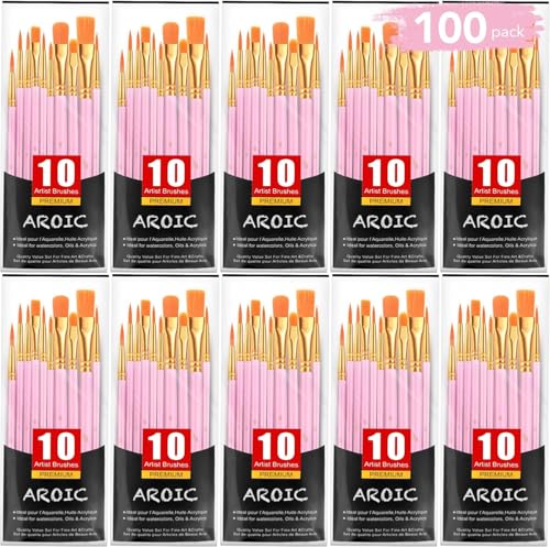 AROIC Painting Brushes Set, 10 Packs /100 Pieces, Nylon Brush Head | Suitable for Oil and Watercolor, Perfect Suit of Art Painting, Best Present for Painting, Pink - size: 100pcs-pink