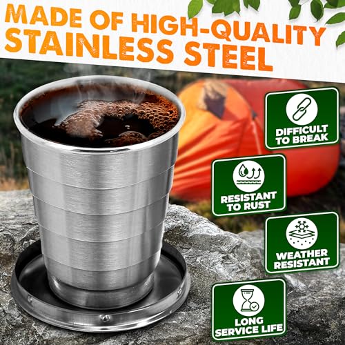 Collapsible Travel Cup with Lid 2.5Oz (75ml) - Leak-Proof Сollapsible Shot Glass Keychain, Highly Portable, Made of Rust & Bend Resistant Stainless Steel - Foldable Cup for Traveling, Fishing, Camping | Small Collapsible Cup with Lid for Camping, Travel a