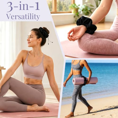 Aolamegs Adjustable Yoga Mat Scrunchie, 2-in-1 Mat Strap and Hair Tie, Fits All Standard & Extra Thick Yoga Mats - color: Black Adjustable Elastic Mat Scrunchie