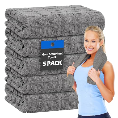 HOMERHYMRE Microfiber Workout Towels, 5 Pack Grey Gym Sweat Sports Towel for Yoga, Tennis, Running, Exercise, Working Out, Camping, Quick Dry, Highly Absorbent, for Women & Men, 16 x 27 Inch - color: Grey, size: 5 Pack