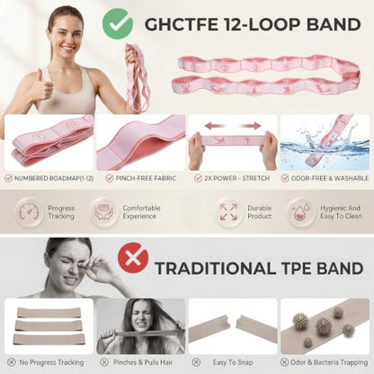 Pink Stretch Band for Women 12 Loop Number Elastic Fitness Exercise Band for Working Out Stretching Strap Resistance Bands for Physical Therapy Exercise Flexible Pilates Dance Gymnastics
