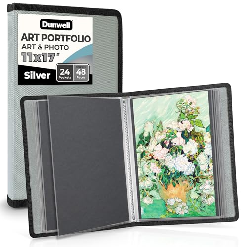 Dunwell 11x17 Art Portfolio Binder, 24-Sleeve, Black Mounting Paper, Silver | 24 Clear Sleeves, Displays 48 Pages, Black Mounting Paper Included, Artwork Storage, Acid-Free Poly Protection - color: Silver, size: 11x17" w/ BLK Paper