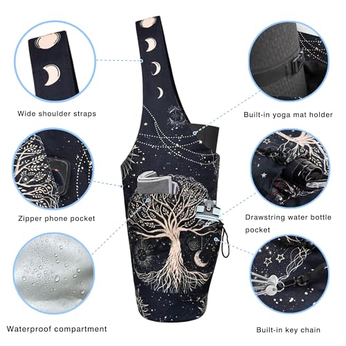 Yoga Mat Bag - Large Opening Long Tote Yoga Mat Carrier Holder Bag with Waterproof Wet Zipper Pocket and Drawstring Water Bottle Pocket - Yoga Bag Fit Most Size Mats - color: Tree of Life